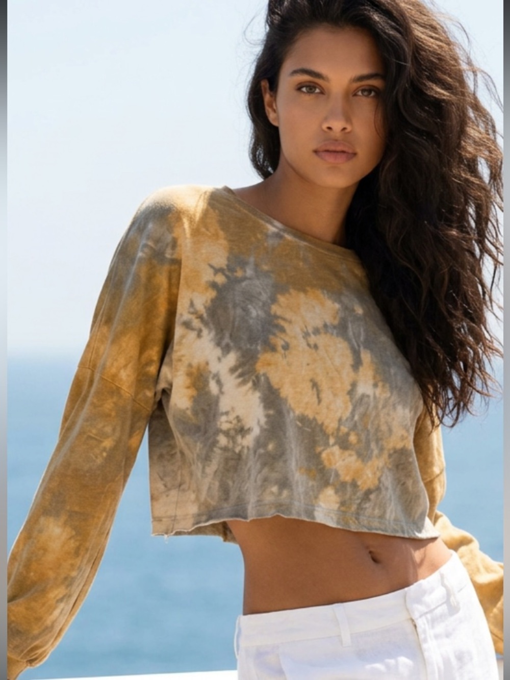 Anthropologie Stylish Tie-Dye long sleeve Crop Top in Earthy Tones NWT M